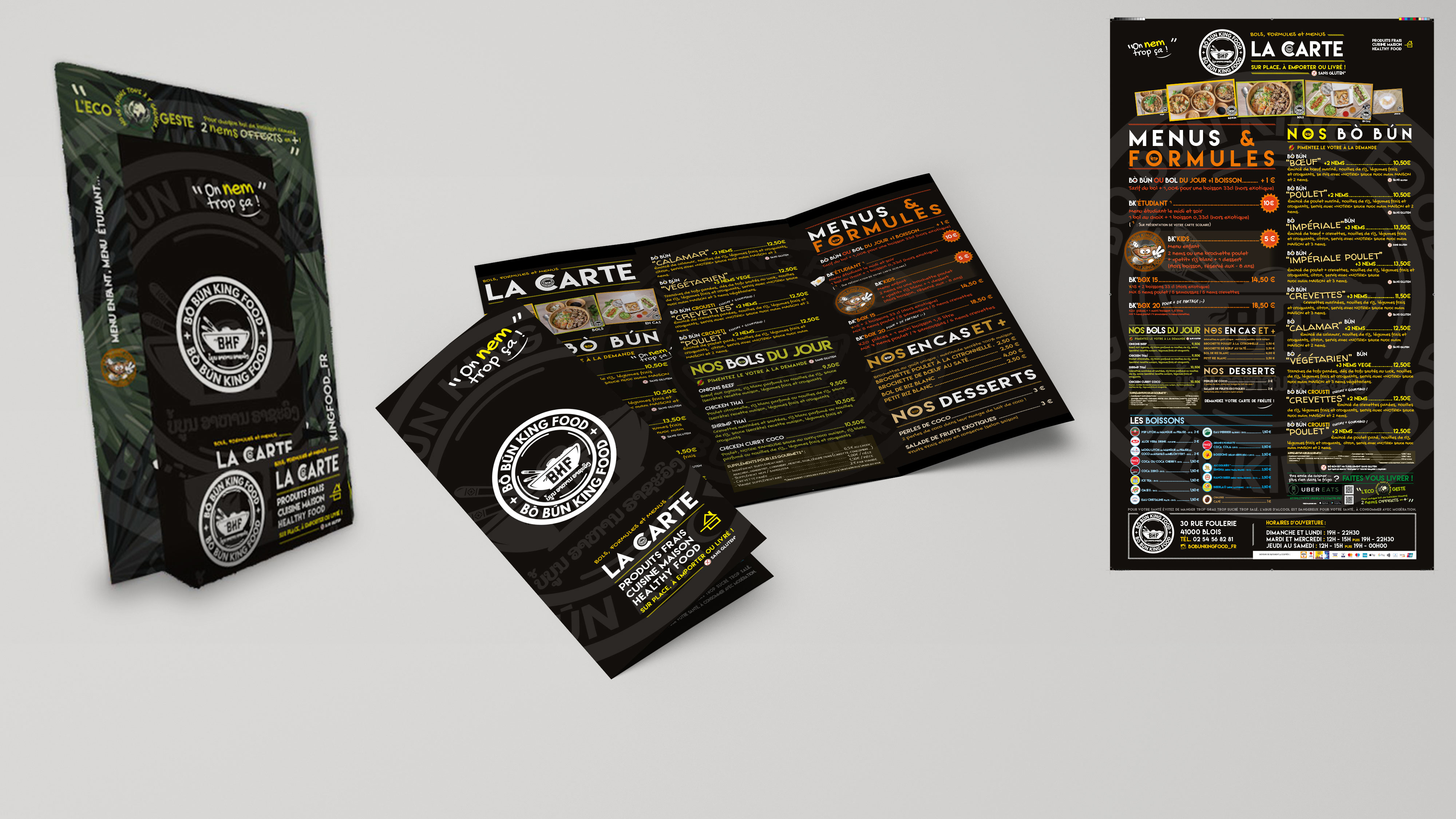 Dépliant menu 3 volets et porte flyer - Bòbún King Food|textebrut
