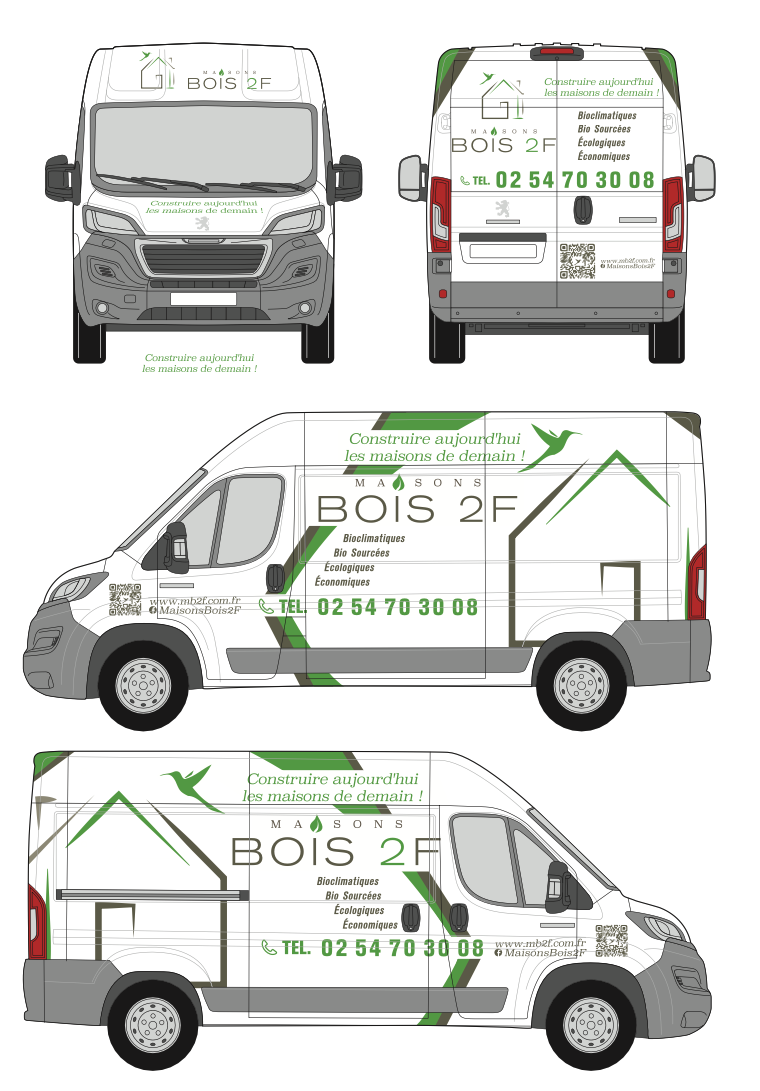 Maison Bois 2F : Création graphique du covering des véhicules|textebrut